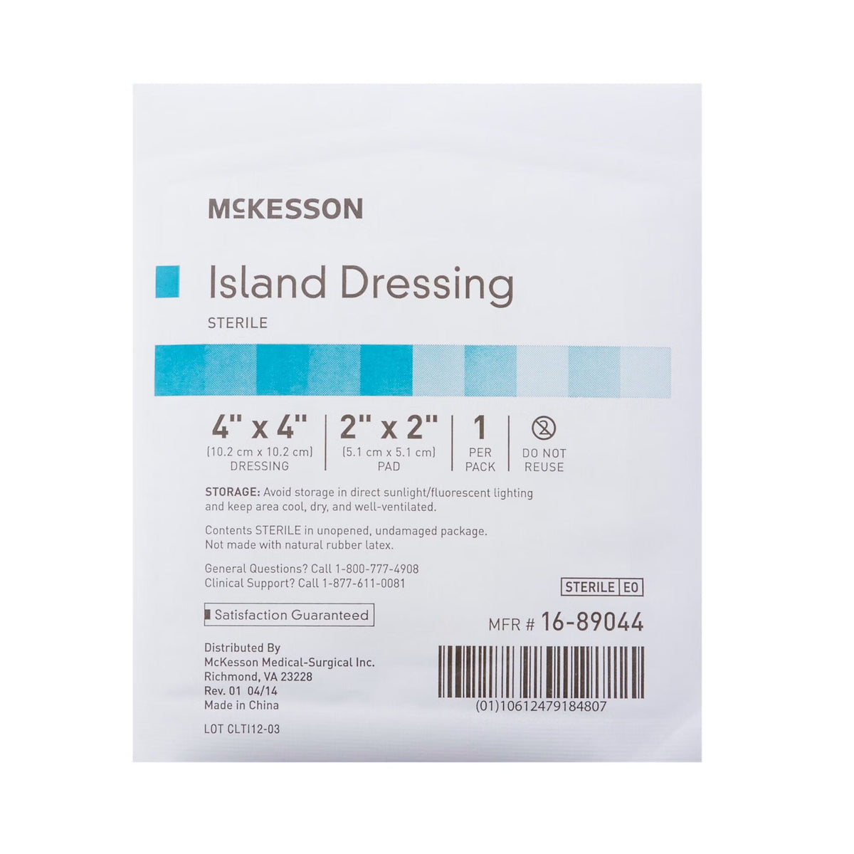 McKesson Adhesive Island Dressing, size 4" x 4" single package front