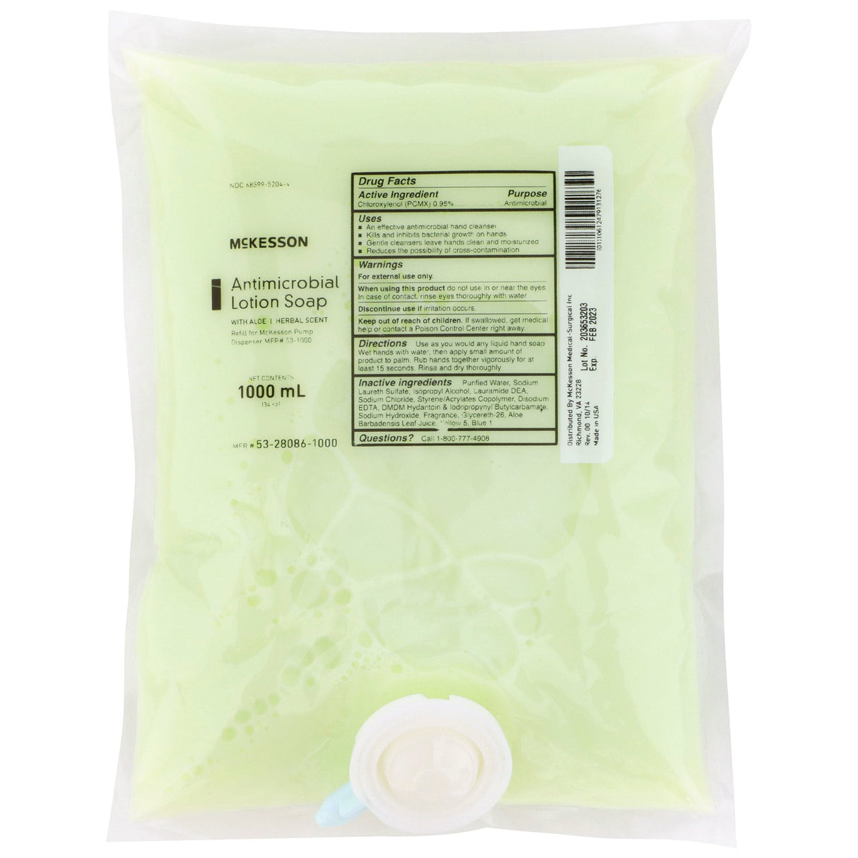 McKesson Antimicrobial Lotion Soap, Herbal Scent, With Aloe, 1,000 mL Refill Bag - 53-28086-1000-Single - LL Medico
