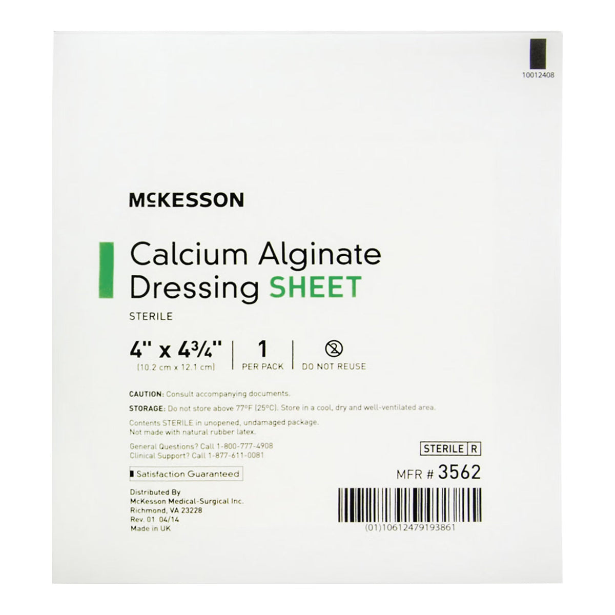 McKesson Calcium Alginate Dressing Sheet, Sterile, 4 x 4¾ Inch - MCK3562-Single - LL Medico