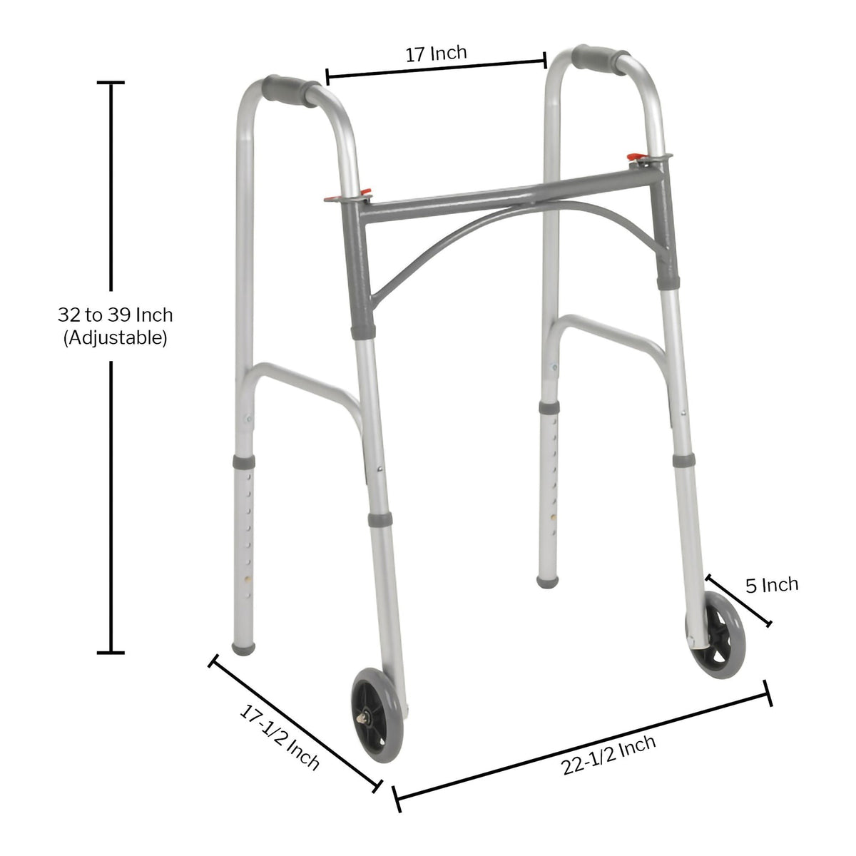 McKesson Dual Release Folding Walker with Wheels, Adjustable Height, 350 lb Capacity, 32-39 - 146-10244-4-Single - LL Medico