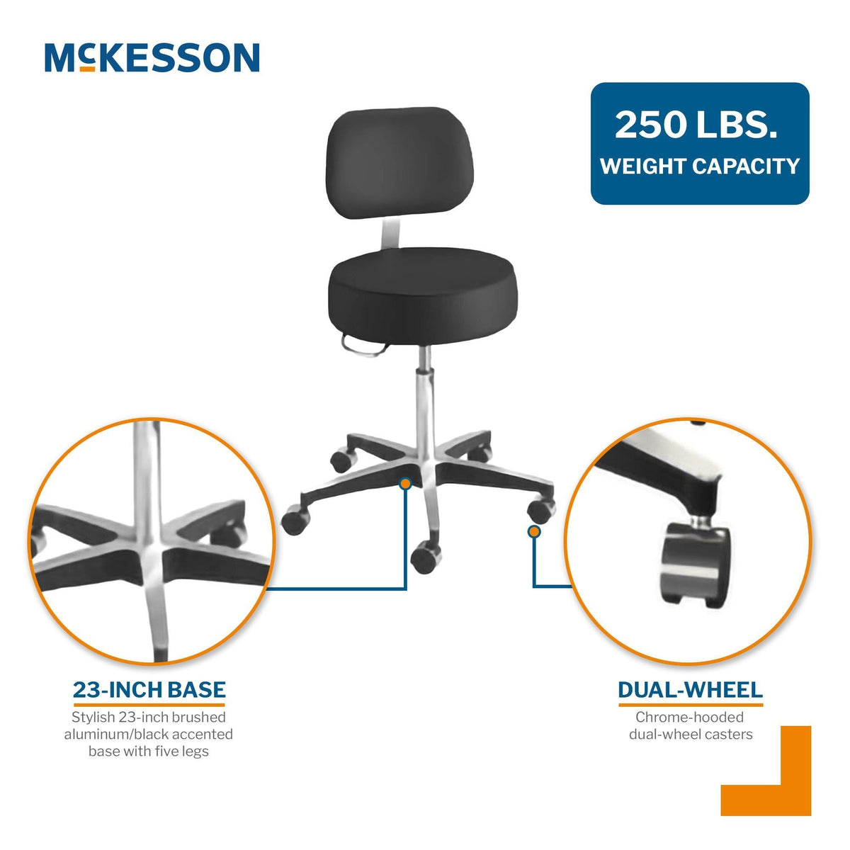 McKesson Exam Stool with Backrest, Pneumatic Height Adjustment, Black, 5 Casters - 81-11001BUS393-Single - LL Medico
