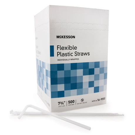 McKesson Flexible Drinking Straw, 7.75" Length, White, Plastic, Individually Wrapped - 16-9550-Single - LL Medico