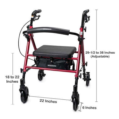 McKesson Four-Wheel Rollator, Adjustable Height, Folding Aluminum Frame, Red - 146-RTL10261RD-Single - LL Medico