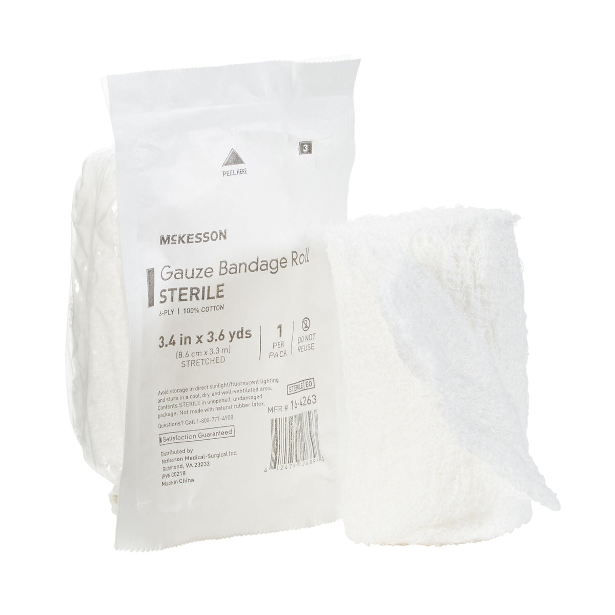 McKesson Gauze Bandage Roll Sterile, 6-Ply, 100% Cotton, 3.4 In x 3.6 Yds - 16-4263-Single - LL Medico