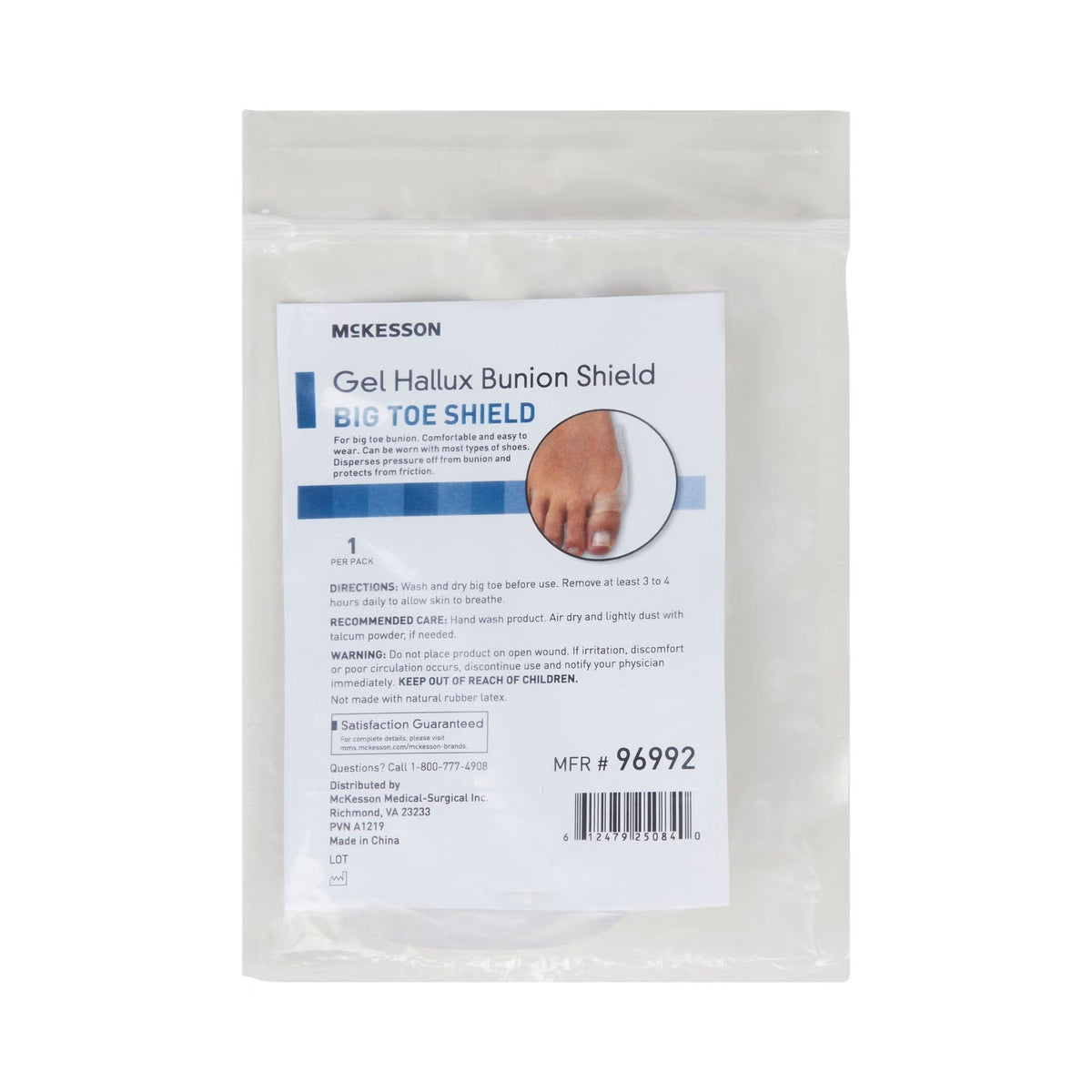 McKesson Gel Hallux Bunion Shield Big Toe Shield, One Size, 1 Count - 96992-Single - LL Medico