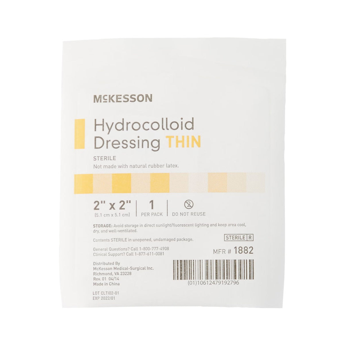 McKesson Hydrocolloid Dressing Thin, Sterile, 2" x 2" - 1882-Single - LL Medico