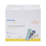McKesson Kids Adhesive Bandages Plastic Strip, Sterile, Assorted Prints, 3/4" x 3" - 16-4838-17-Box - LL Medico