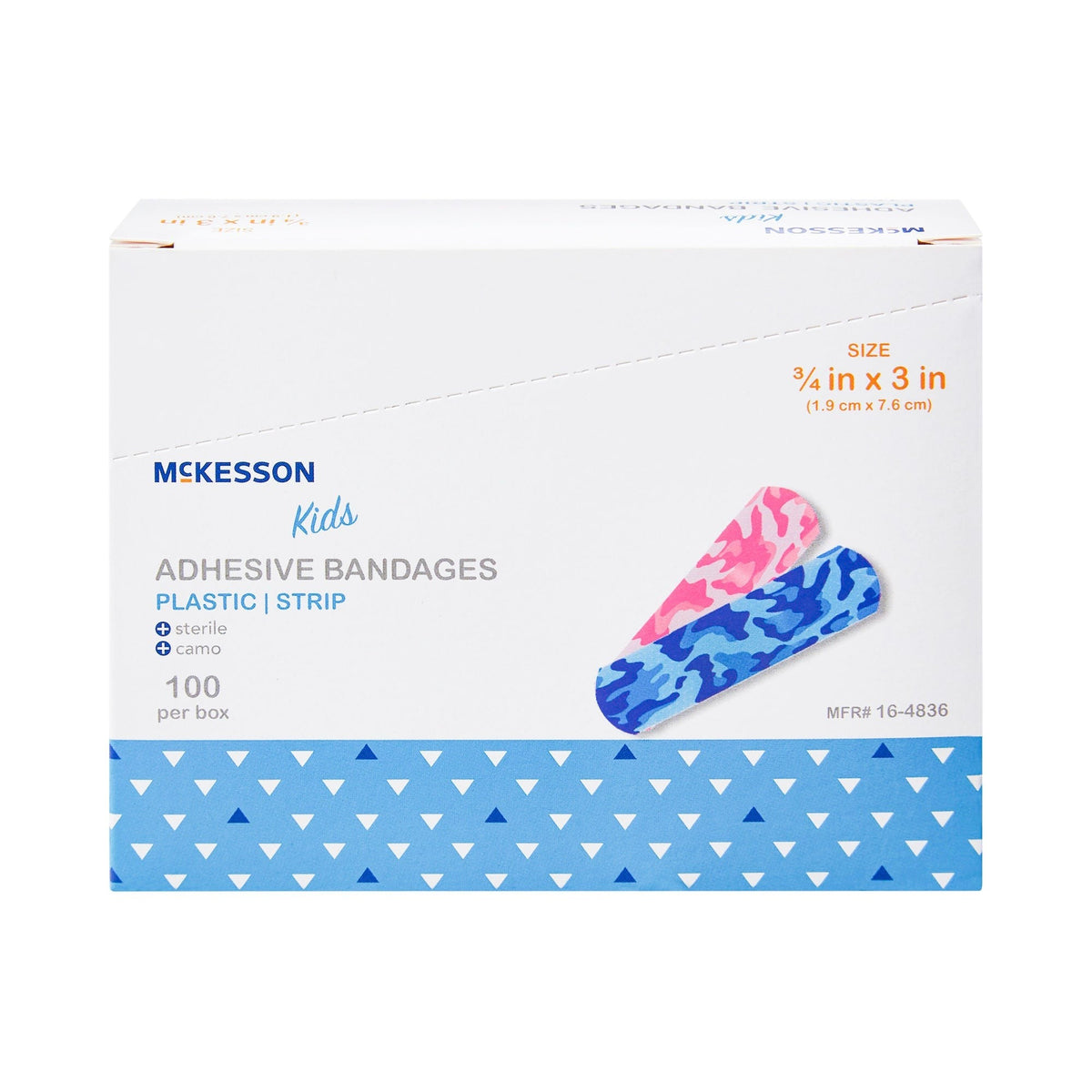 McKesson Kids Adhesive Bandages, Sterile, Plastic Strip, Blue/Pink Camo, 3/4" x 3" - 16-4836-Box - LL Medico