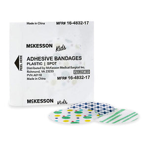 McKesson Kids Adhesive Spot Bandages, Sterile, Plastic, Assorted Prints, 1" - 16-4832-17-Box - LL Medico