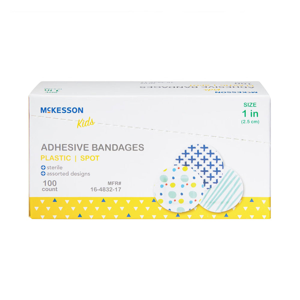 McKesson Kids Adhesive Spot Bandages, Sterile, Plastic, Assorted Prints, 1" - 16-4832-17-Box - LL Medico