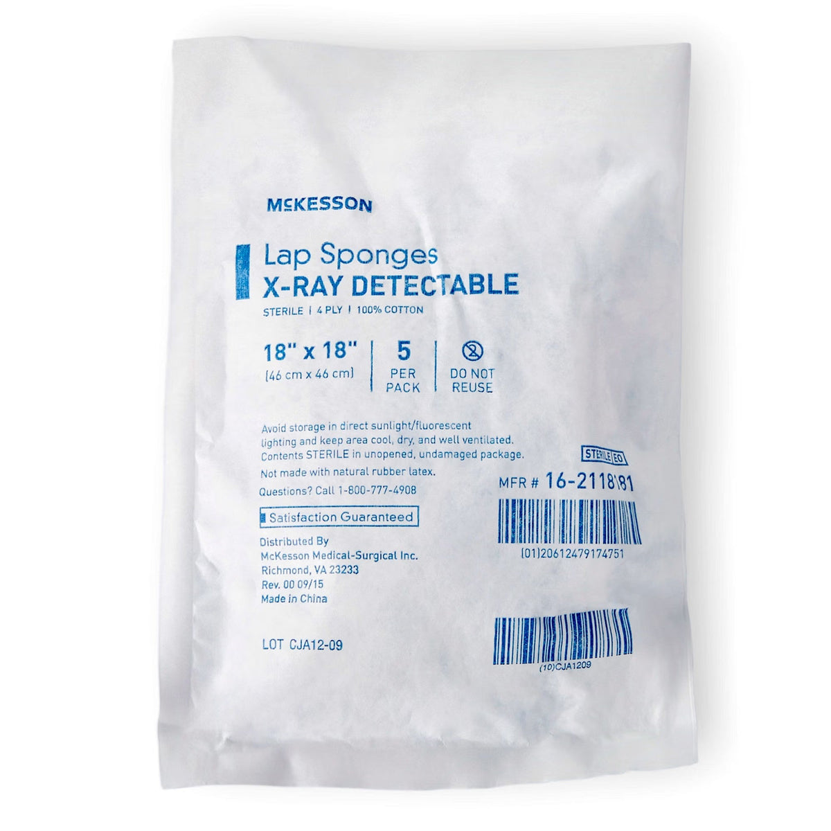 McKesson Lap Sponges X-Ray Detectable Sterile 4 Ply 100% Cotton, 18" x 18" - 16-2118181-Case - LL Medico