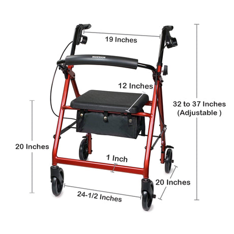 McKesson Lightweight 4 Wheel Rollator Walker, Red - 146-R726RD - LL Medico