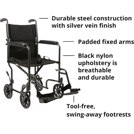McKesson Lightweight Steel Transport Chair, Silver Vein Finish - 146-TR39E-SV - LL Medico