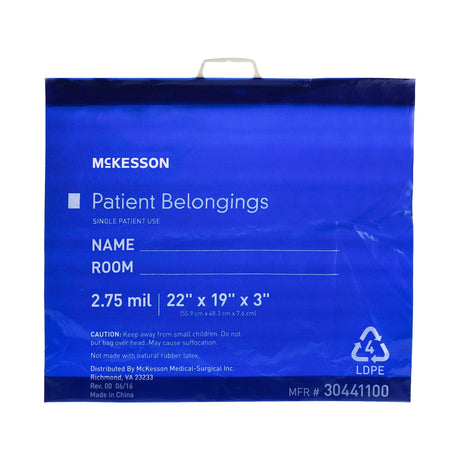 McKesson Medi-Pak Performance, Patient Belongings Bag, 3 x 19 x 22", Polyethylene, Snap Closure, Blue - 30441100-Single - LL Medico