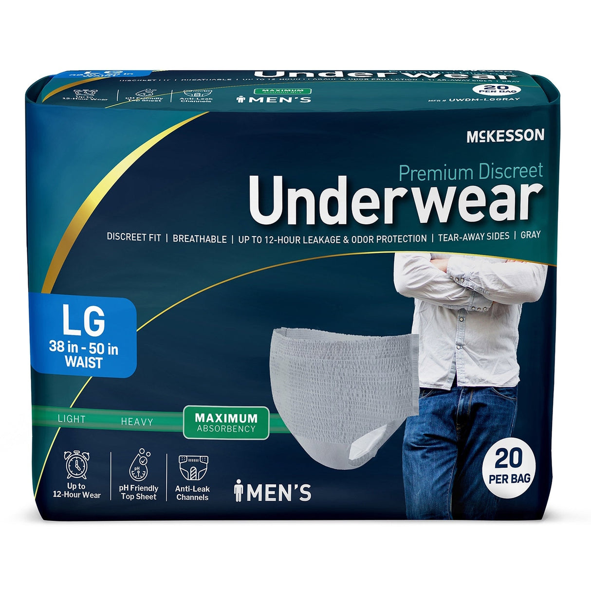 McKesson Men's Premium Discreet Pull On Absorbent Underwear, Maximum - UWDM-LGGRAY-Pack - LL Medico