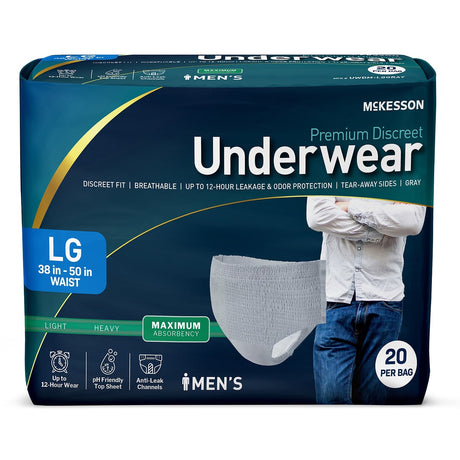 McKesson Men's Premium Discreet Pull On Absorbent Underwear, Maximum - UWDM-LGGRAY-Pack - LL Medico