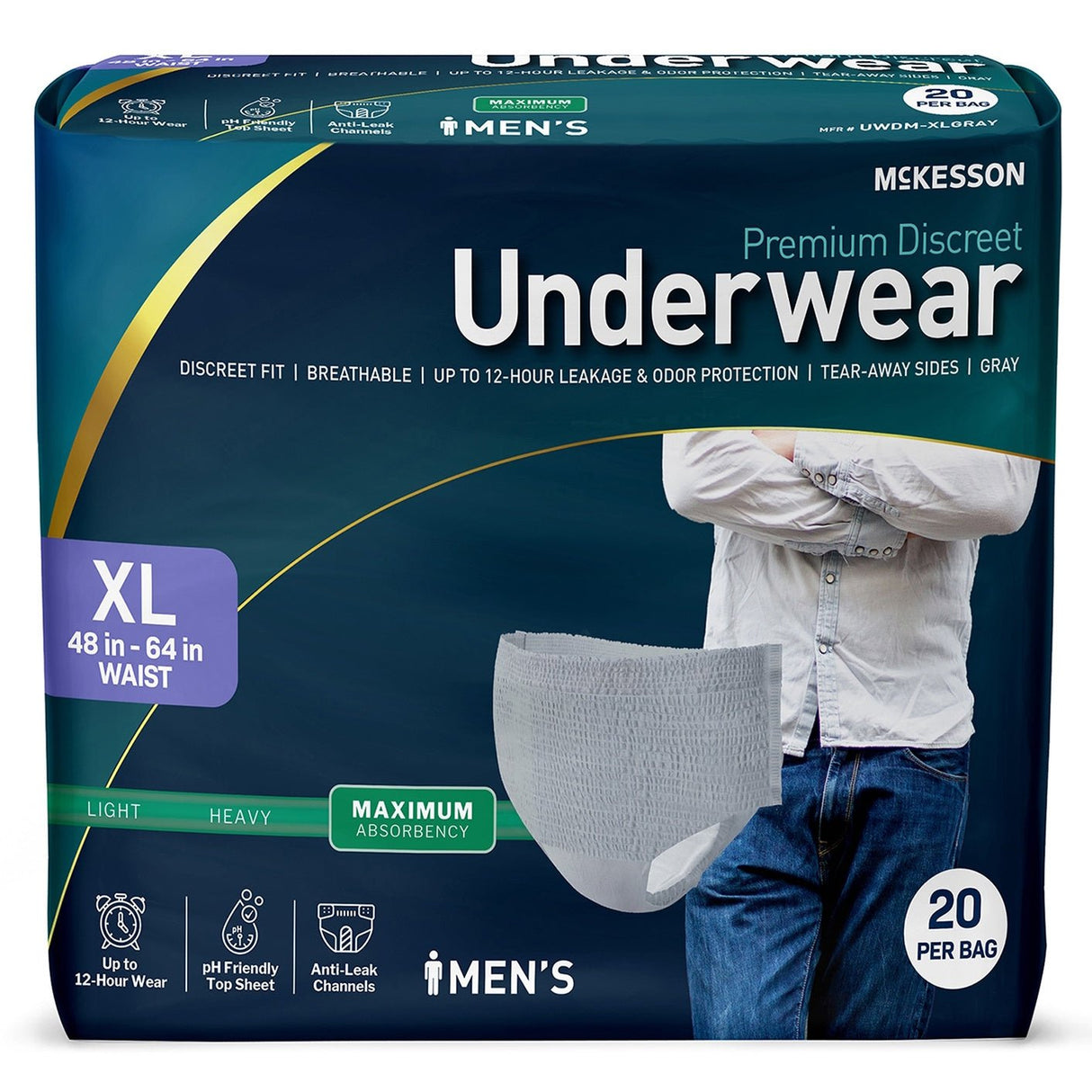 McKesson Men's Premium Discreet Pull On Absorbent Underwear, Maximum - UWDM-XLGRAY-Pack - LL Medico