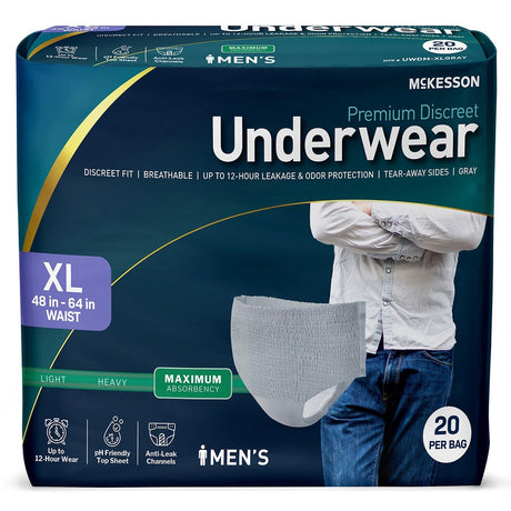 McKesson Men's Premium Discreet Pull On Absorbent Underwear, Maximum - UWDM-XLGRAY-Pack - LL Medico