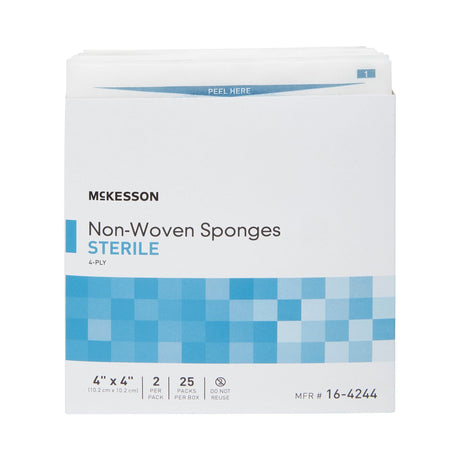McKesson Nonwoven Sponge, Sterile, 4 x 4", 4-Ply, White, Polyester / Rayon - 16-4244-Box - LL Medico