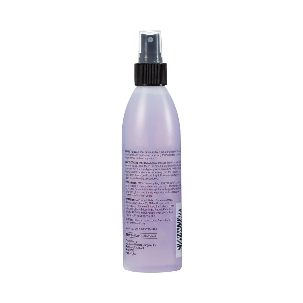 The McKesson Rinse-Free Perineal Wash, 8 oz pump bottle, features a lavender plastic design with a black nozzle and back label. Its fresh scent formula offers gentle cleansing and helps protect against perineal dermatitis.