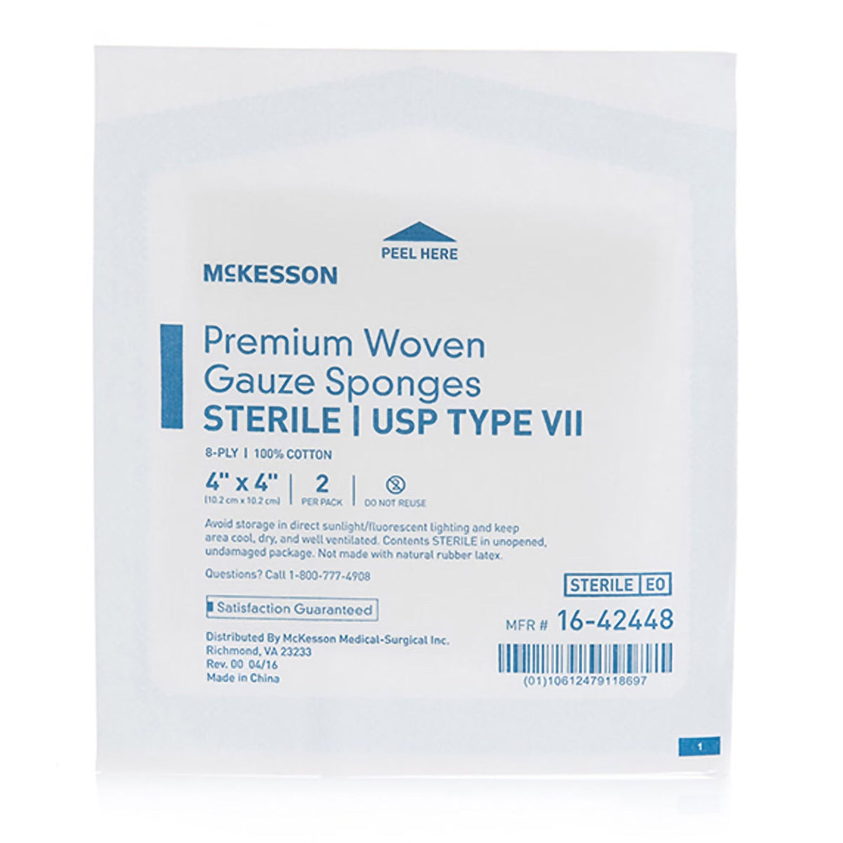 McKesson Premium Woven Gauze Sponges Sterile USP Type VII, 4" x 4", 8-Ply, 2 per Pack - 16-42448-Box - LL Medico