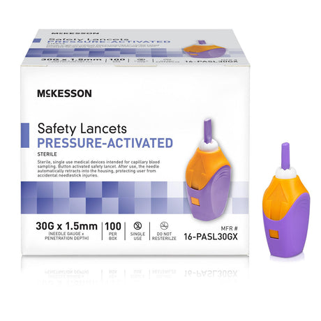 McKesson Prevent Safety Lancet Fixed Depth Lancet Needle, Pressure Activated, 100 ct - 16-PASL30GX - LL Medico