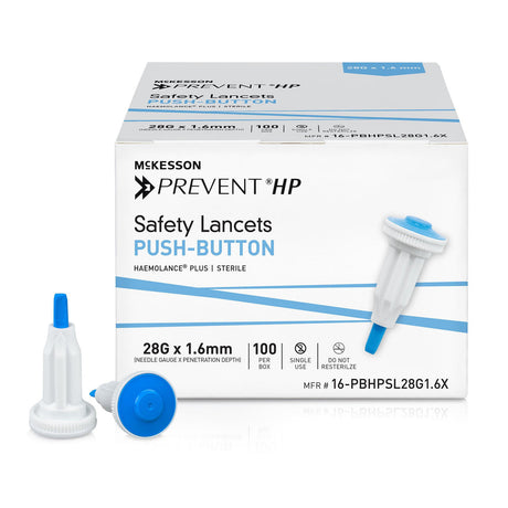 McKesson Prevent Safety Lancet Fixed Depth Lancet Needle, Push Button, 100 ct - 16-PBHPSL28G1.0 - LL Medico