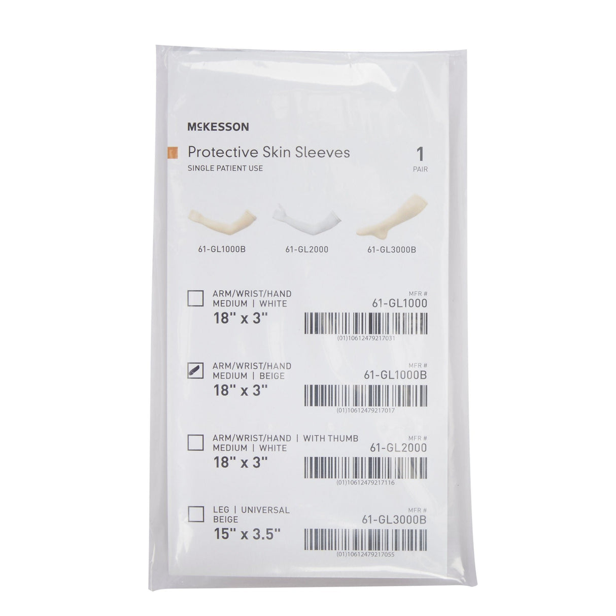 McKesson Protective Skin Sleeve, Arm/Wrist/Hand, Medium, Beige, 18" x 3" - 61-GL1000B-Pair - LL Medico