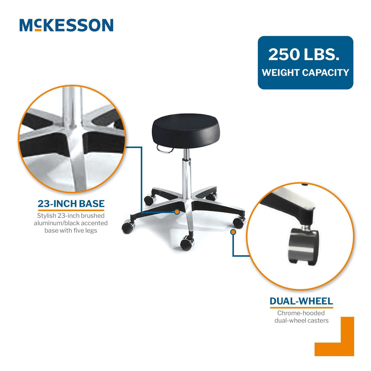 McKesson Round Pneumatic Exam Stool Without Backrest, Black, 5 Casters - 81-11001US393-Single - LL Medico