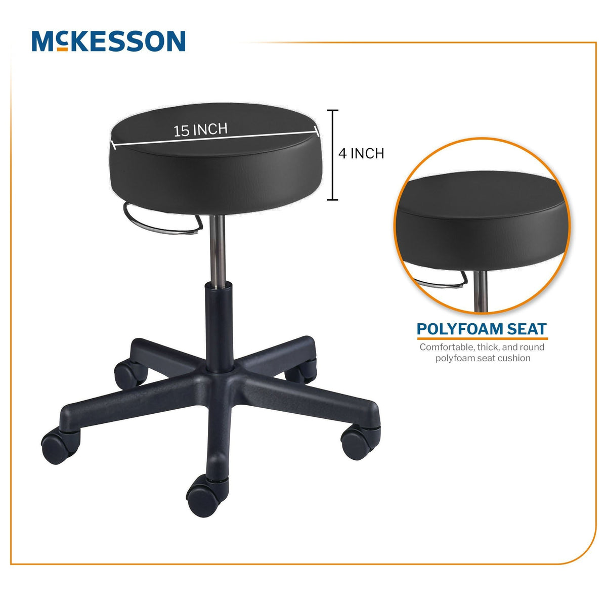 McKesson Round Pneumatic Exam Stool, Without Backrest, Black - 81-22500HAM114-Single - LL Medico