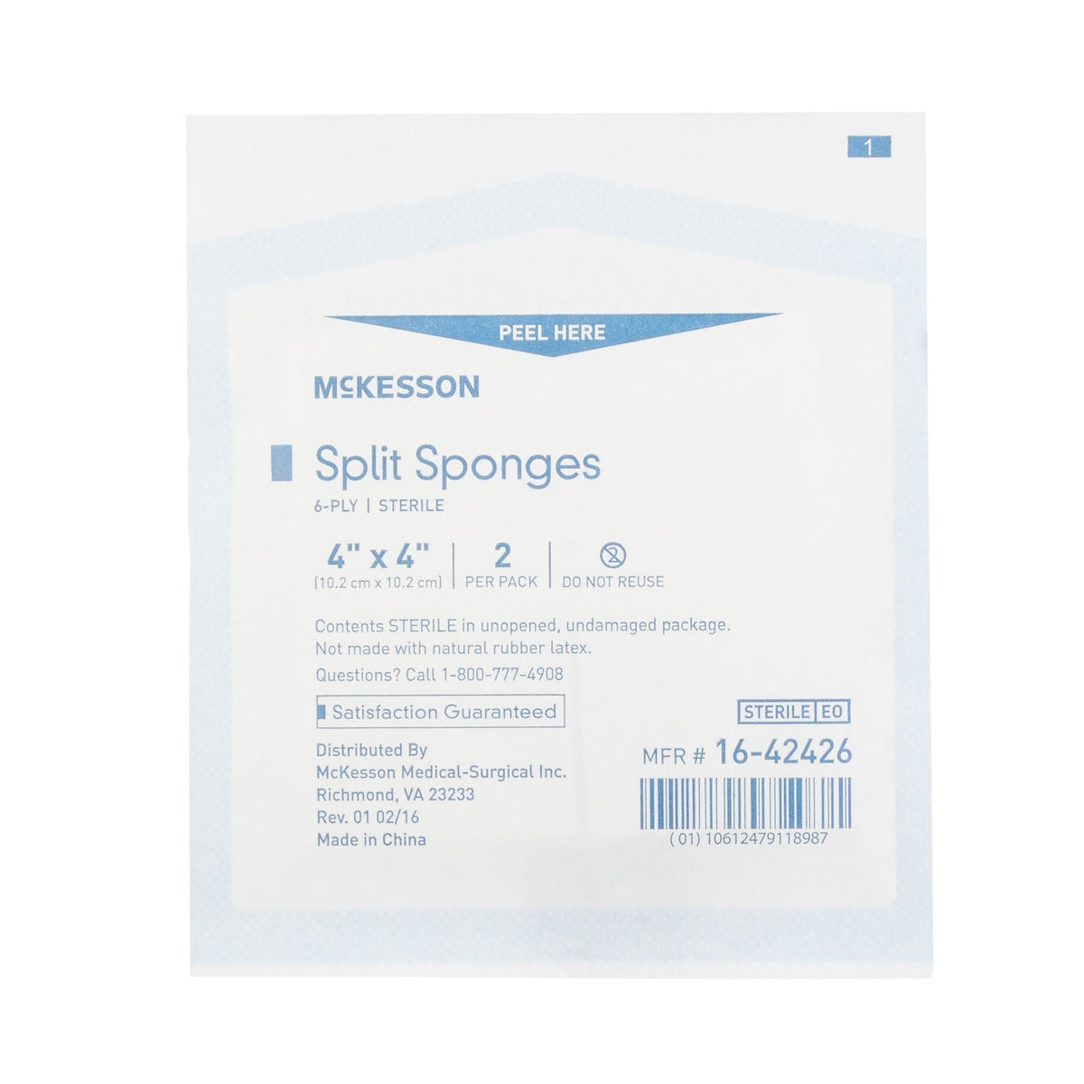 McKesson Split Sponges, 4" x 4", 6-Ply Sterile - 16-42426-Box - LL Medico