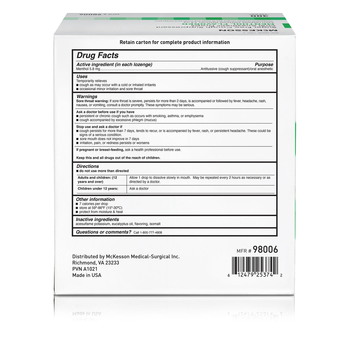 McKesson Sugar Free Cough Suppressant Oral Anesthetic Drops, Menthol Flavored - 98006-Box - LL Medico