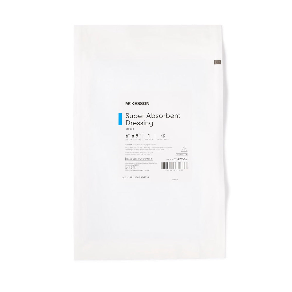 McKesson Super Absorbent Dressing, Sterile, 6" x 9" - 61-89569-Single - LL Medico