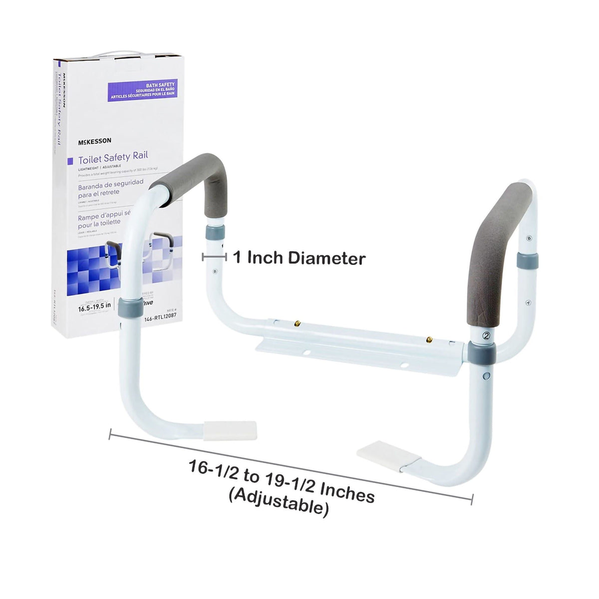 McKesson Toilet Safety Rail, White Steel, 16.5" to 19.5" Width - 146-RTL12087-Single - LL Medico
