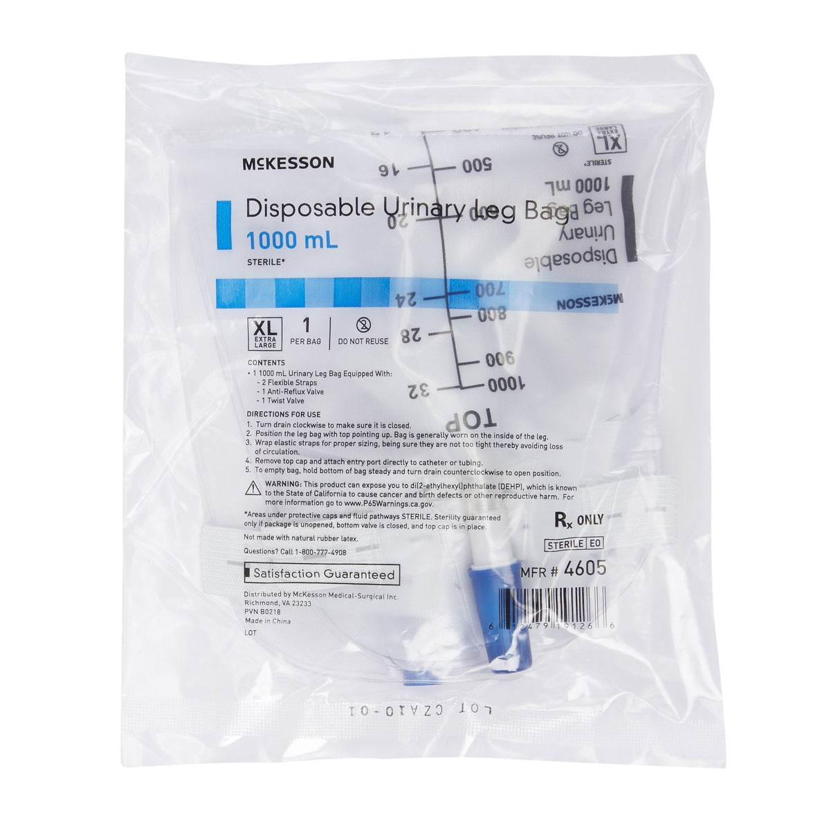 McKesson Urinary Leg Bag with Anti - Reflux Valve, 1000 mL - 4605-Single - LL Medico