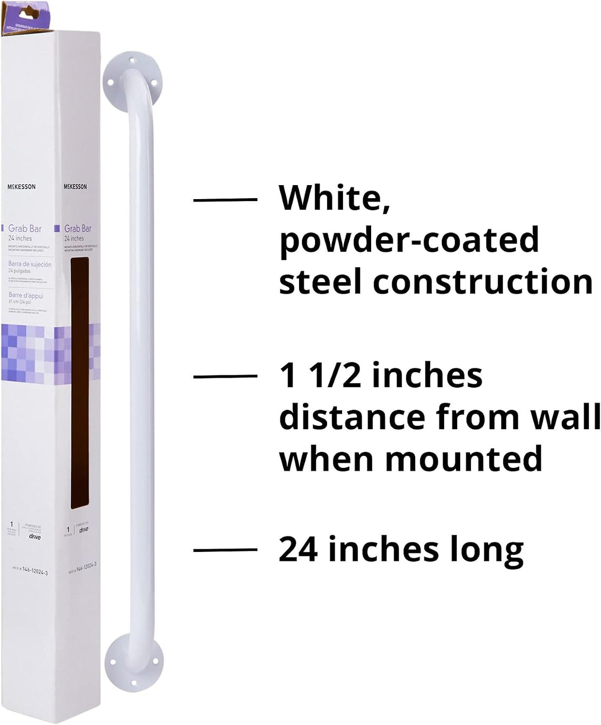 McKesson Wall Grab Bar, White Powder Coated Steel - 146-RTL12012 - LL Medico