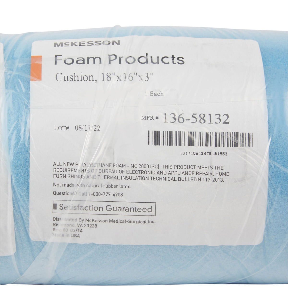 McKesson Wheelchair Foam Seat Cushion, 18" x 16" x 3", Standard - 136-58132-Single - LL Medico