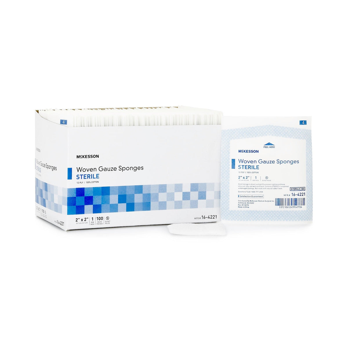 McKesson Woven Gauze Sponges Sterile, 12-Ply 100% Cotton, 2" x 2" - 16-4221-Box - LL Medico