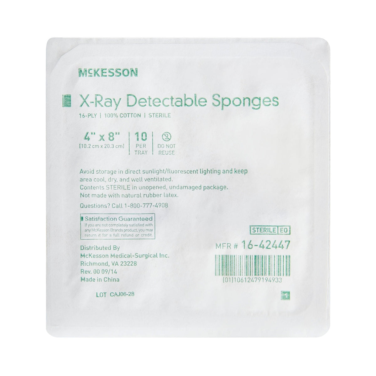 McKesson X-Ray Detectable Sponges, 16-Ply, Sterile, 4" x 8" - 16-42447-Tray - LL Medico