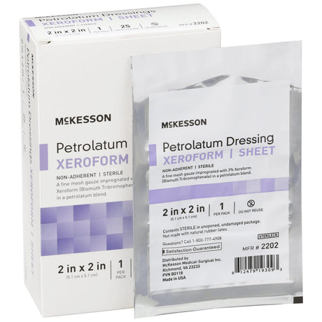 A box and foil packet of McKesson Xeroform Petrolatum Gauze Dressing, 2 x 2 inch, sterile—both show McKesson branding and product details in black and purple text.
