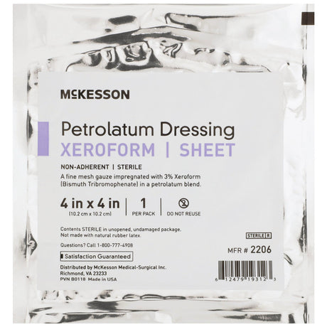 A sealed package labeled McKesson Xeroform Petrolatum Gauze Dressing, 4 x 4 Inch, Sterile contains one sterile, non-adherent gauze dressing impregnated with 3% Xeroform for moist wound healing.