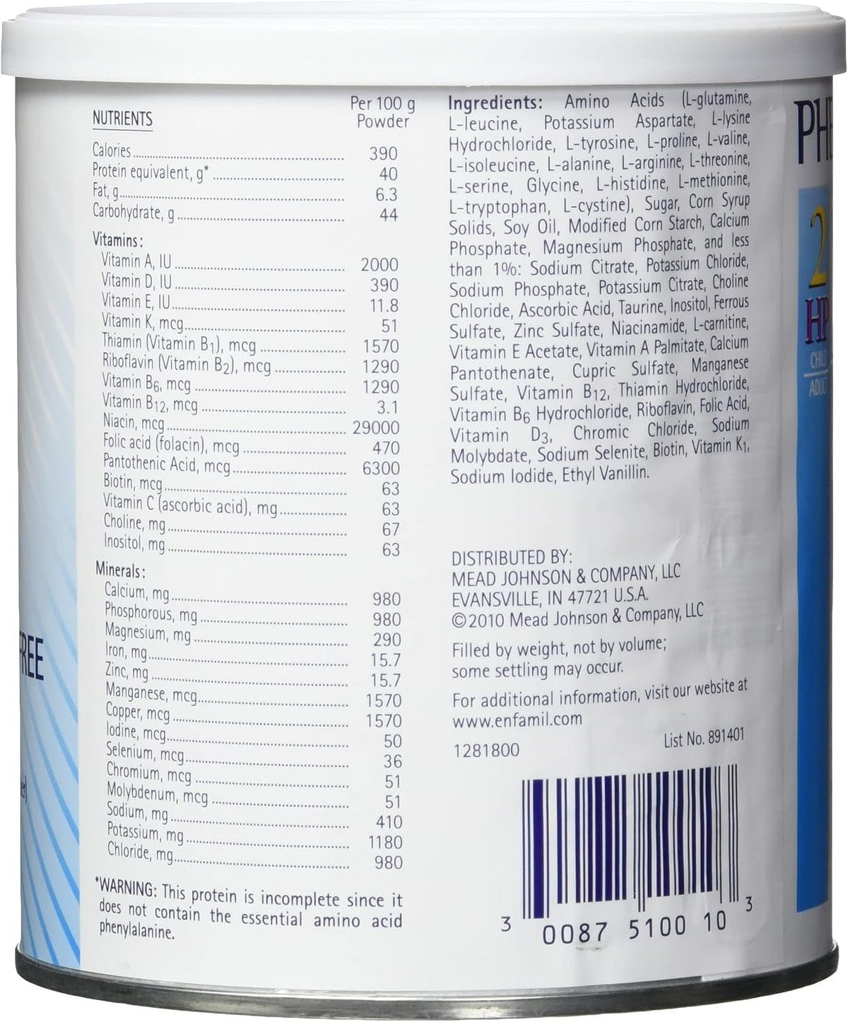 Mead Johnson Phenyl-Free 2HP Medical Food Powder, Vanilla, 1 lb - 891401-Single - LL Medico