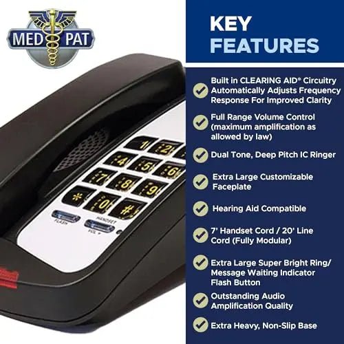 Med-Pat D800 Corded Desk Phone | Adjustable Volume & HAC - D800BK - LL Medico