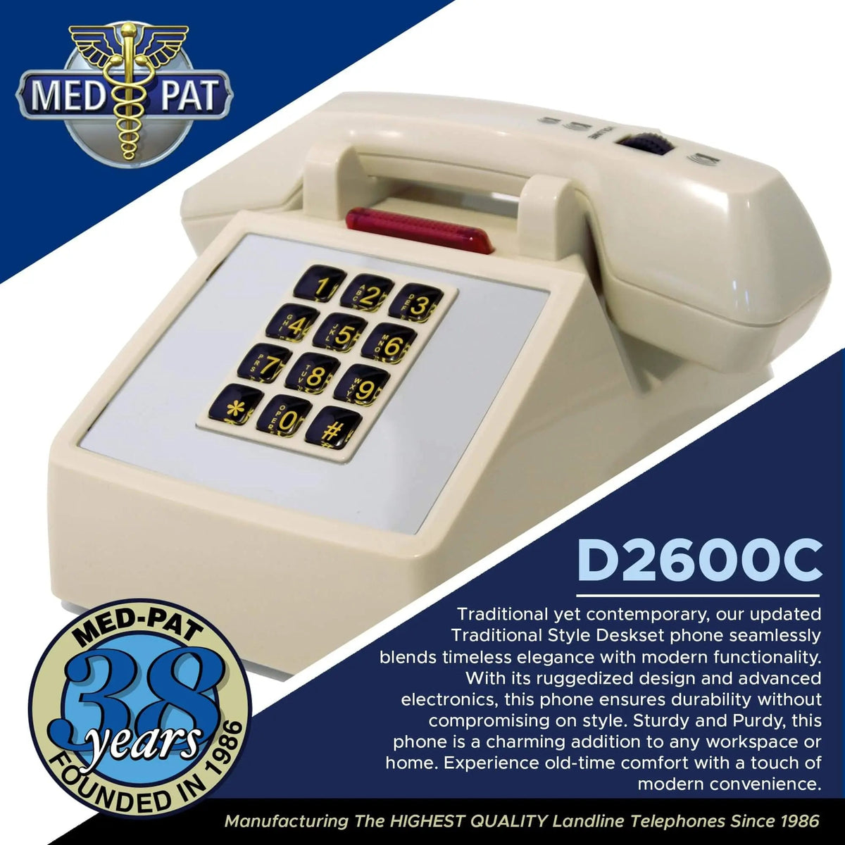 Med-Pat D2600C Retro Corded Desk Phone | Beige & Volume Boost