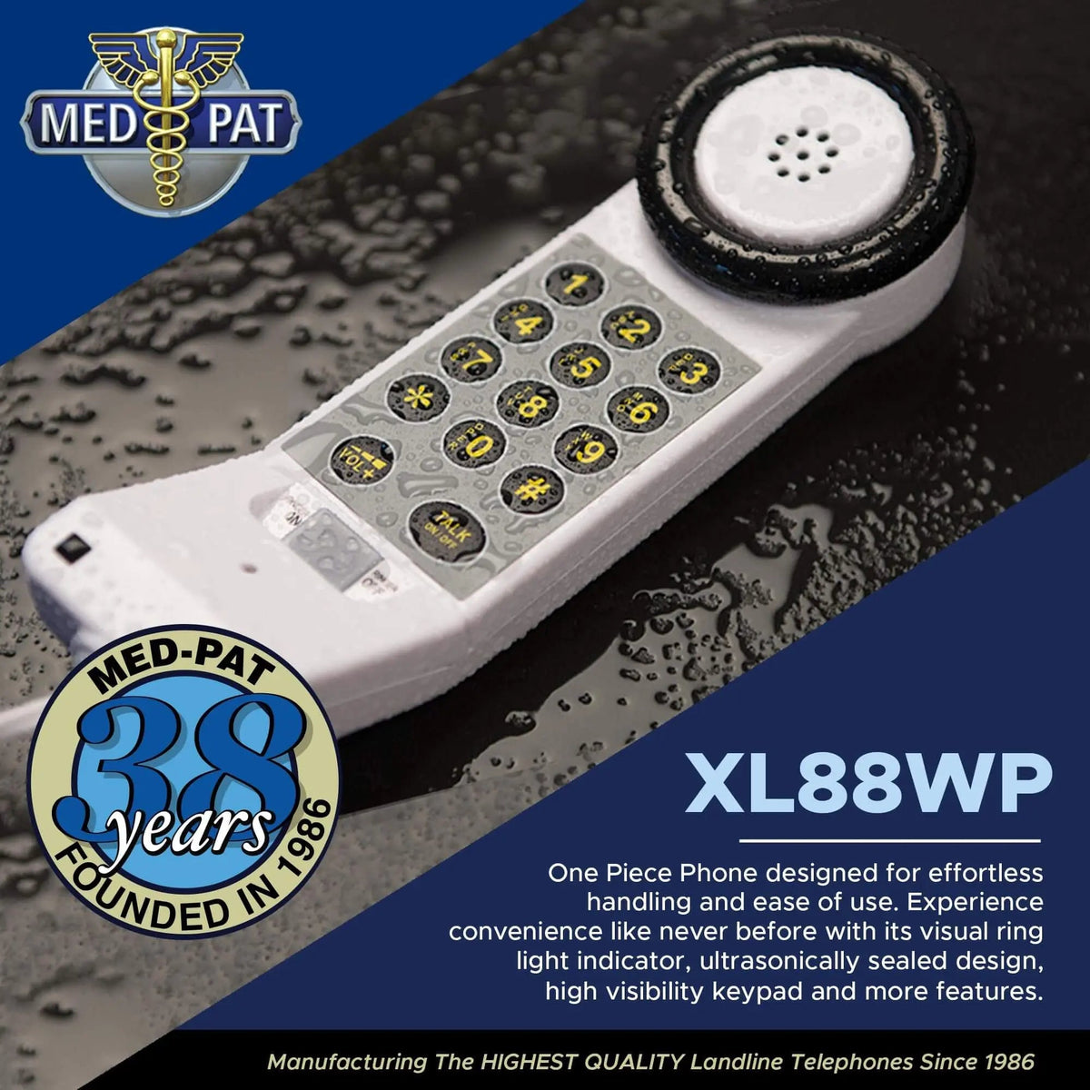 Med‑Pat XL88WP Waterproof One‑Piece Telephone – Visual Ring Light, Full‑Range Volume, High‑Visibility Keypad - XL88WP - LL Medico