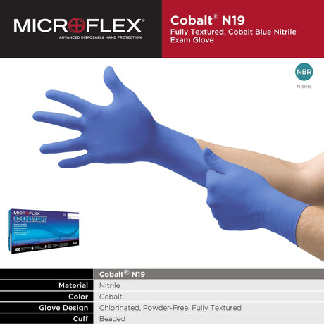 Microflex Cobalt Nitrile Exam Gloves, Powder-Free, Fully Textured, Blue - N194-Box - LL Medico