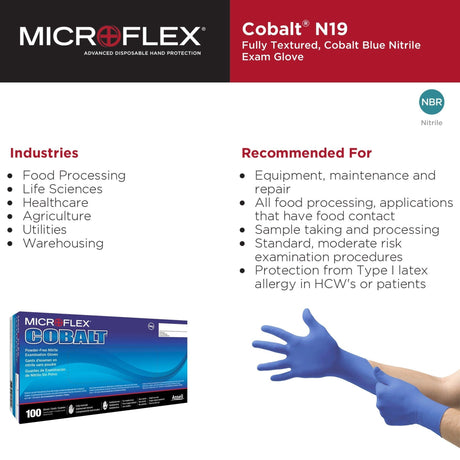 Microflex Cobalt Nitrile Exam Gloves, Powder-Free, Fully Textured, Blue - N194-Box - LL Medico