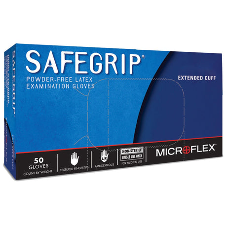 Microflex SafeGrip Powder-Free Latex Exam Gloves, Extended Cuff, Blue - SG-375-L-Box - LL Medico