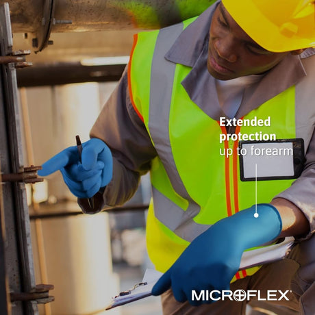 Microflex SafeGrip Powder-Free Latex Exam Gloves, Extended Cuff, Blue - SG-375-XL-Box - LL Medico