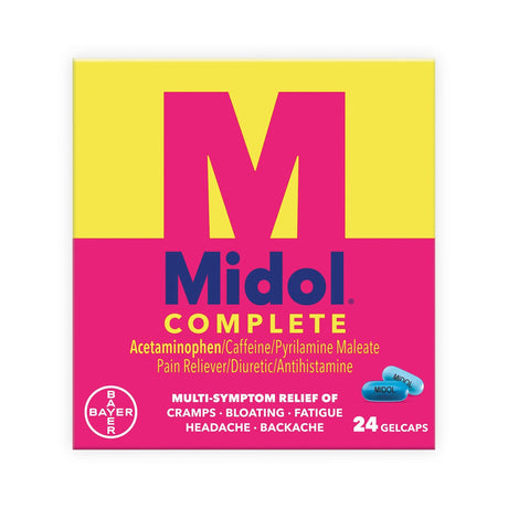 Midol Complete Menstrual Pain Relief Gelcaps, Acetaminophen 500 mg - Caffeine 60 mg - Pyrilamine Maleate 15 mg - 12843017253-Box - LL Medico
